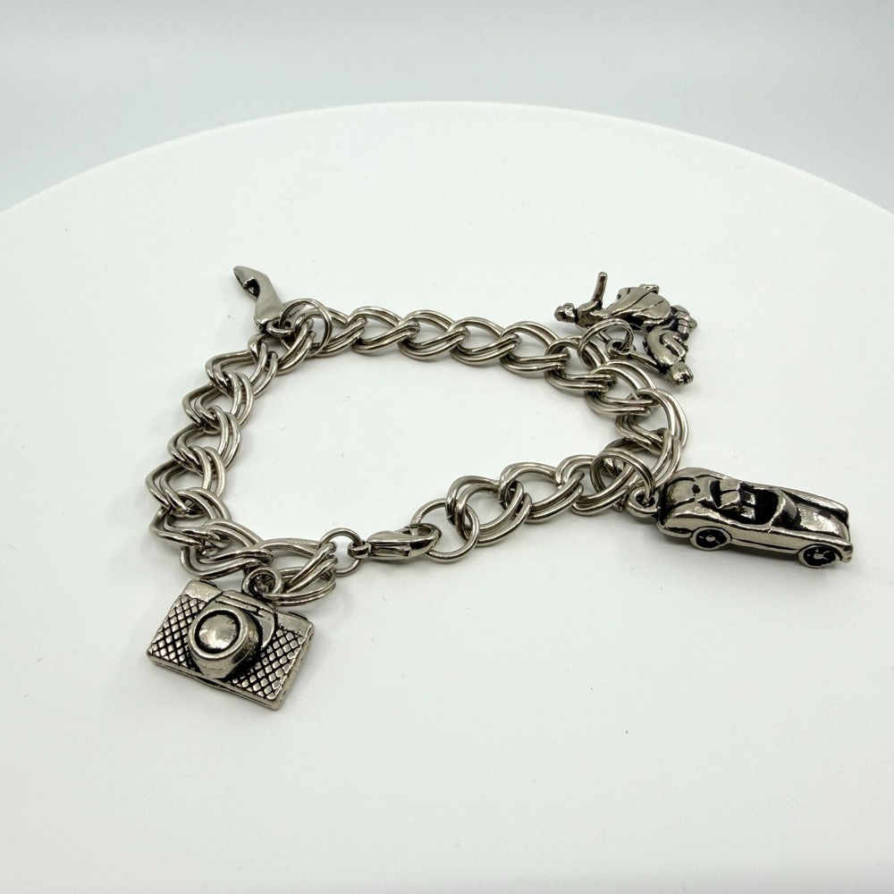 Vintage Silver Tone Multi Charm Bracelet Camera Shoe Car Dancing Couple Retro